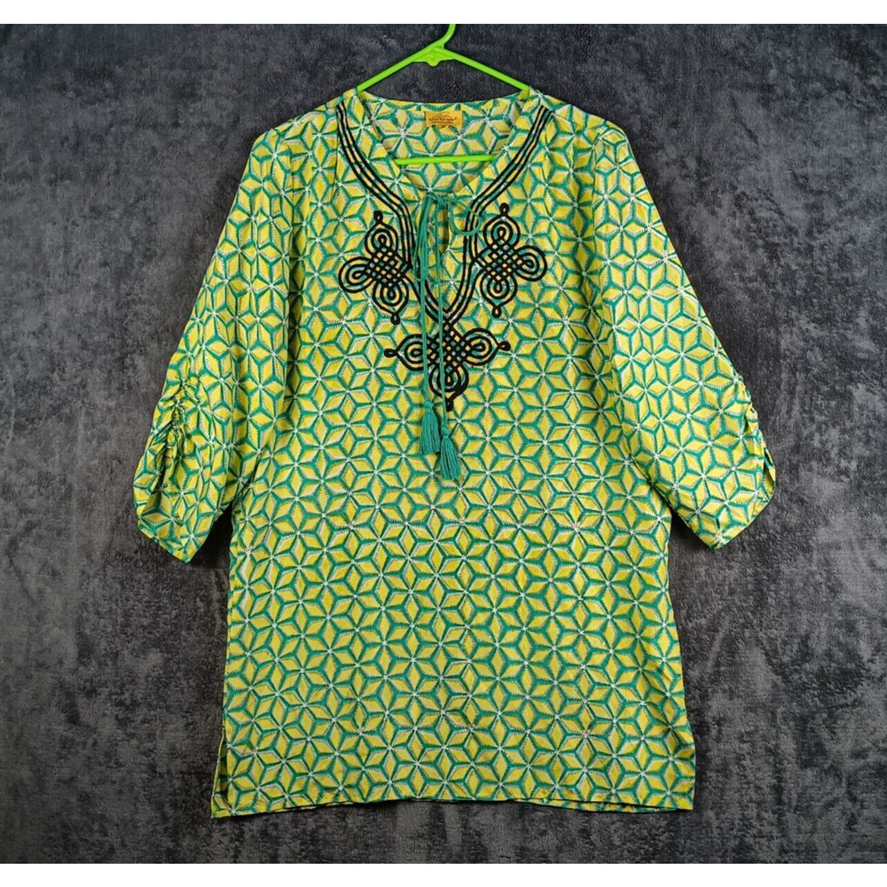 Roberta Roller Rabbit Tunic Women Size Small Green Yellow Silk Embroidered